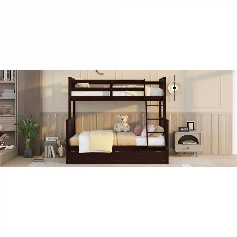 Platform Bunk Bed Twin-over-Full Sleeper with Under-Bed Storage Drawers, Solid Wood, Brown Finish