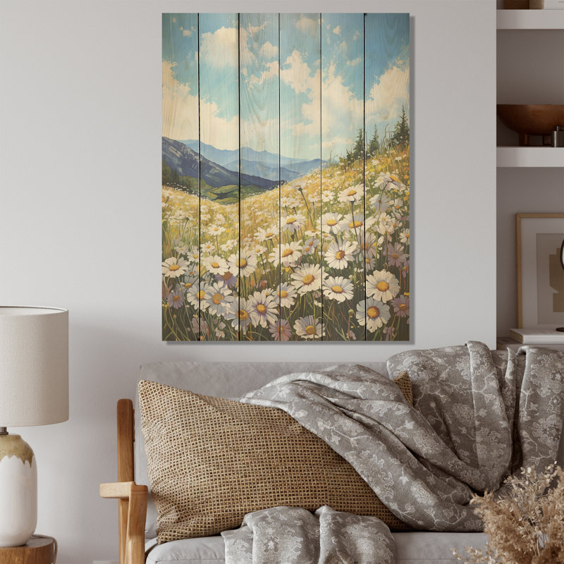 Mountain Daisies On Hill - Fleurs, art mural sur bois de pin naturel, H 20 po x l 10 po