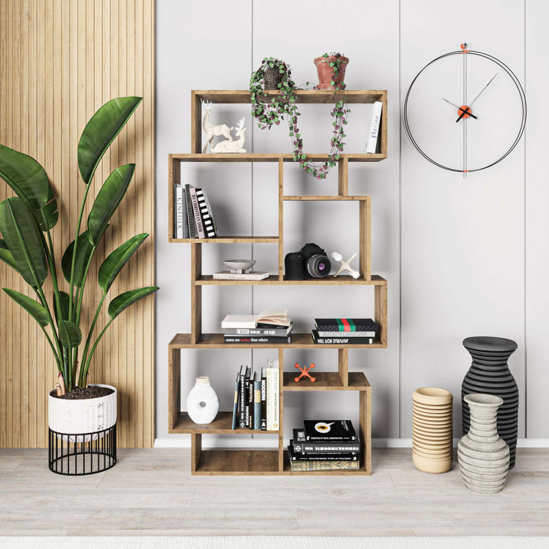 Modern Bookshelf with Numerous Shelves, Hitit Brown, 37.8 x 66.3 x 10.0 inches | 100% Melamine Coated Particle Board, Thickness: 0.7 inches | Wall-Mountable Design, Stylish & Functional Storage Solution for Home & Office