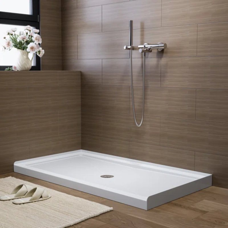 60" W x 32" D Alcove Shower Pan Base with Center Drain in High Gloss White