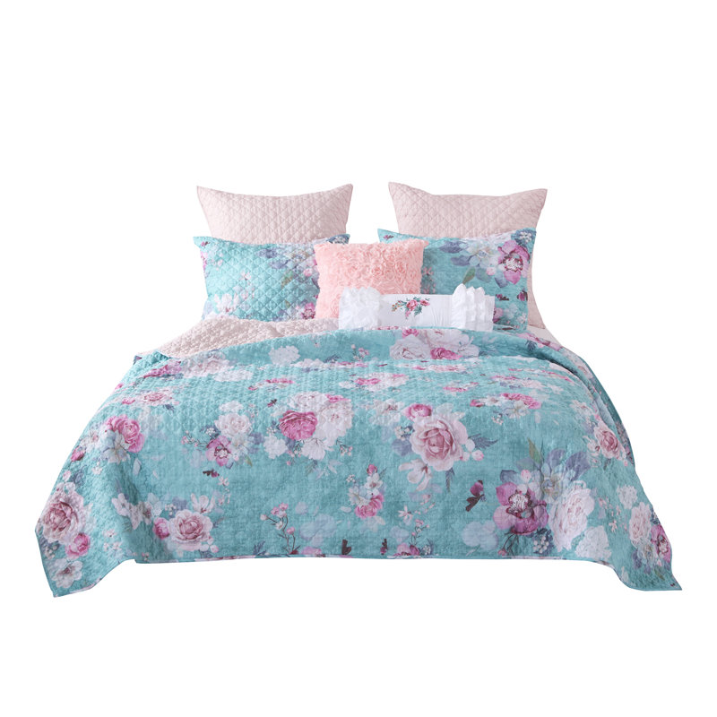 Blush and Turquoise Floral Microfiber Twin Quilt Set