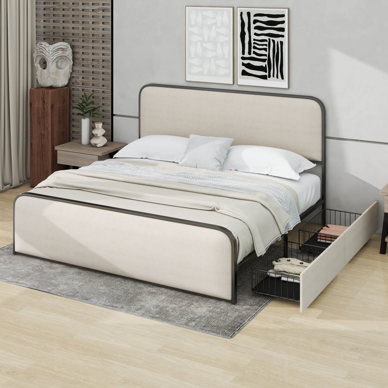 Metal Bed Frame With 4 Storage Drawers, King