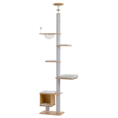 Floor to Ceiling Cat Tree, 7.6-9.4ft (91.3"-111.8") Tall Cat Tower with Full Sisal Scratching Posts & Large Condo, Modern Wood Cat Climbing Tree with Acrylic Capsule & Washable Mats, White