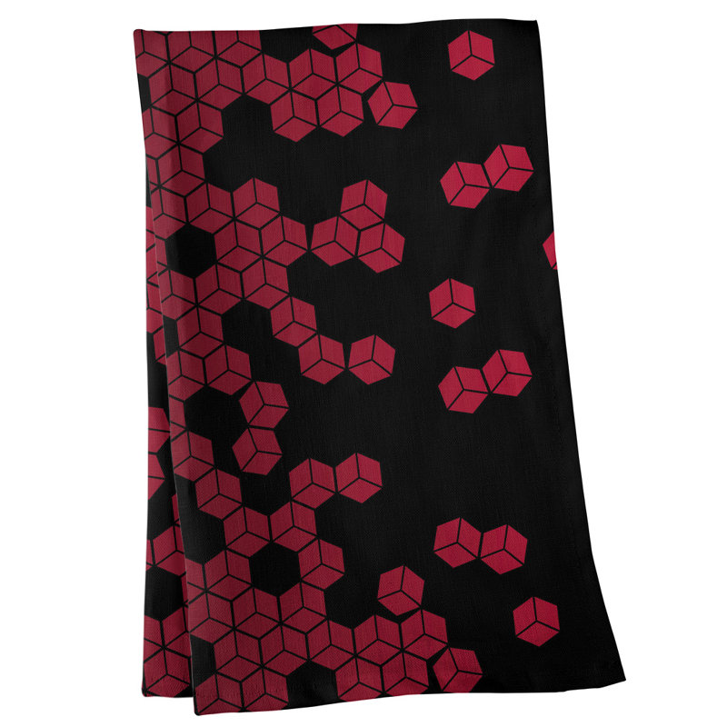 Serviette de thé à motif cube culbuté, Sergé de coton, Rouge / Noir
