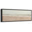 Panoramic wall art featuring a serene beach and ocean landscape in a black floater frame.