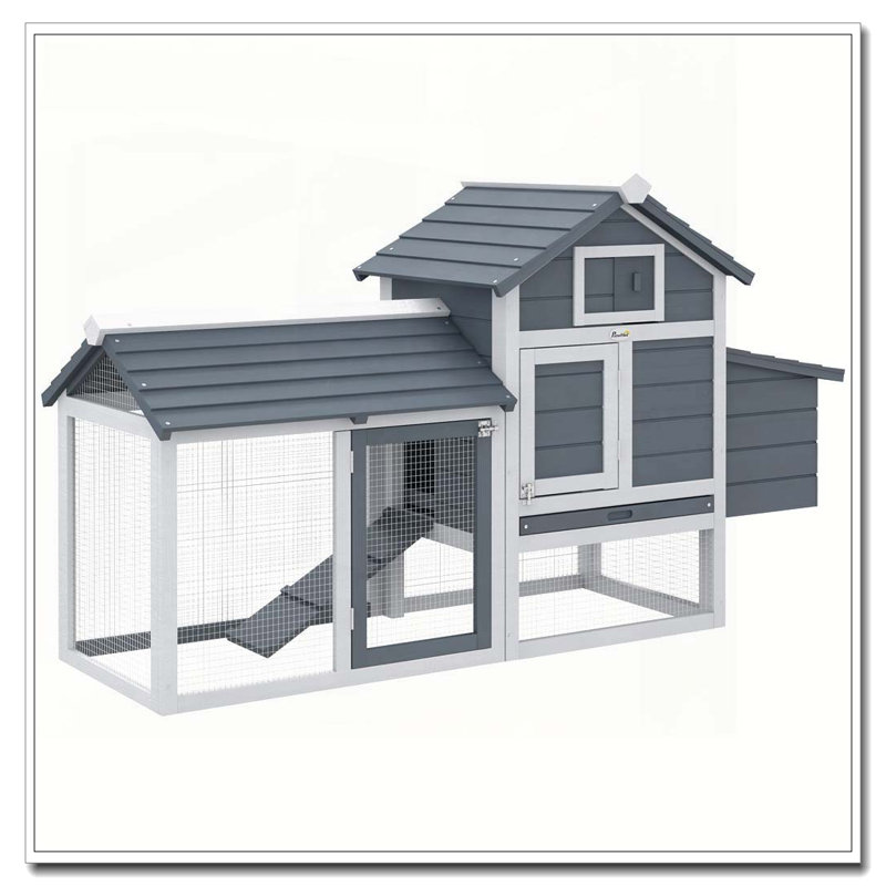Petite cage à poulets en bois pour poulailler de 59 po avec 2 portes, un nichoir et un plateau amovible, Blanc / Gris