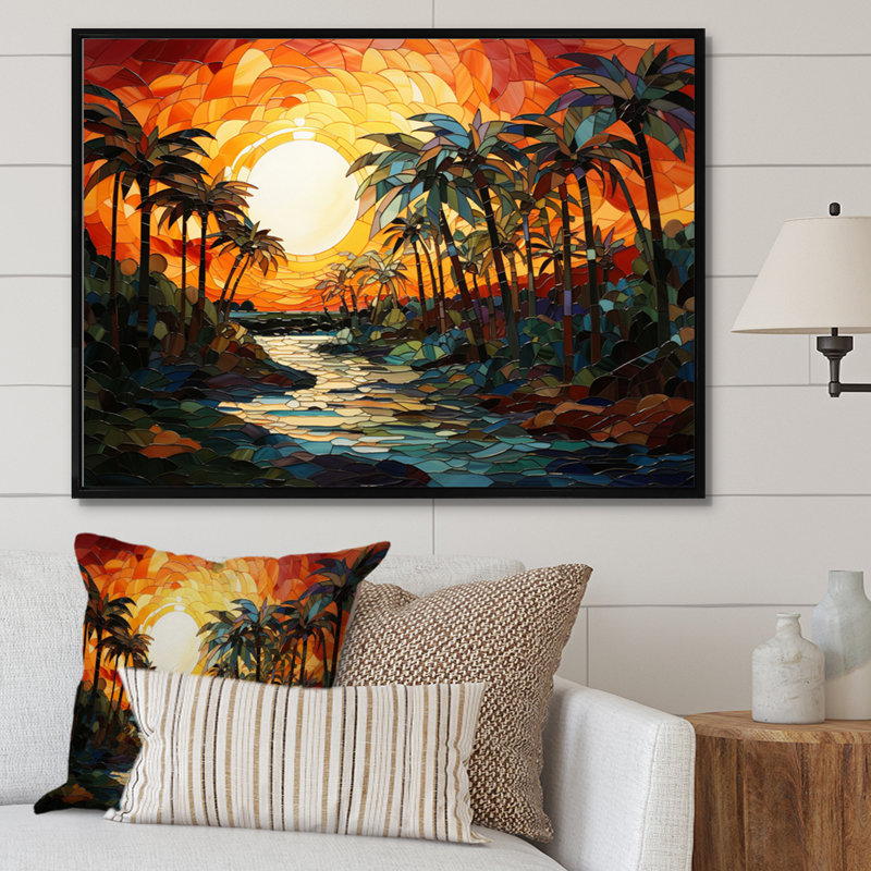Palmiers orange mosaïque VI - impression, H 24 po x l 32 po x P 1 po, Cadre flottant noir