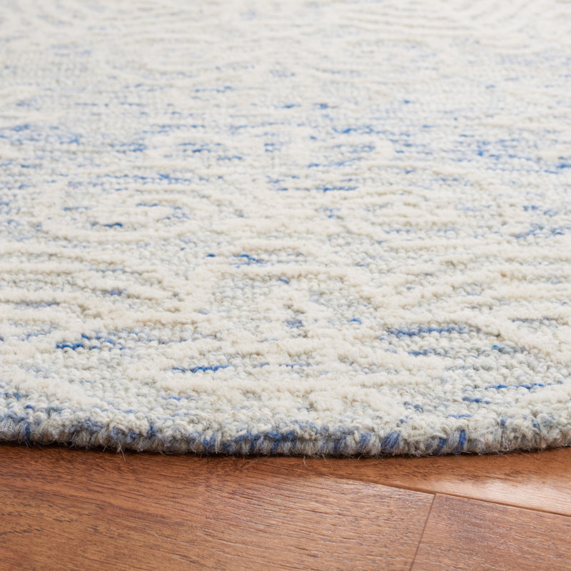 Tapis floral bleu / ivoire en laine / coton touffeté à la main Gosha, Rond 6 pi