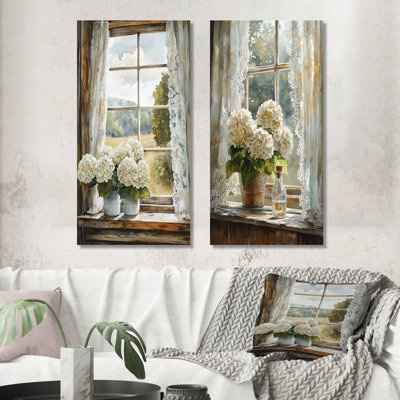 Farmhouse Hydrangeas and Lace Curtains I – Hydrangea Metal Wall Decor Set of 2 Prints