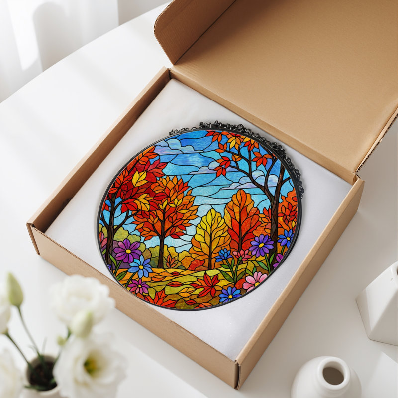 7.8"H Autumn Landscape Stained Glass Window Panel, 7.8" H x 7.8" W
