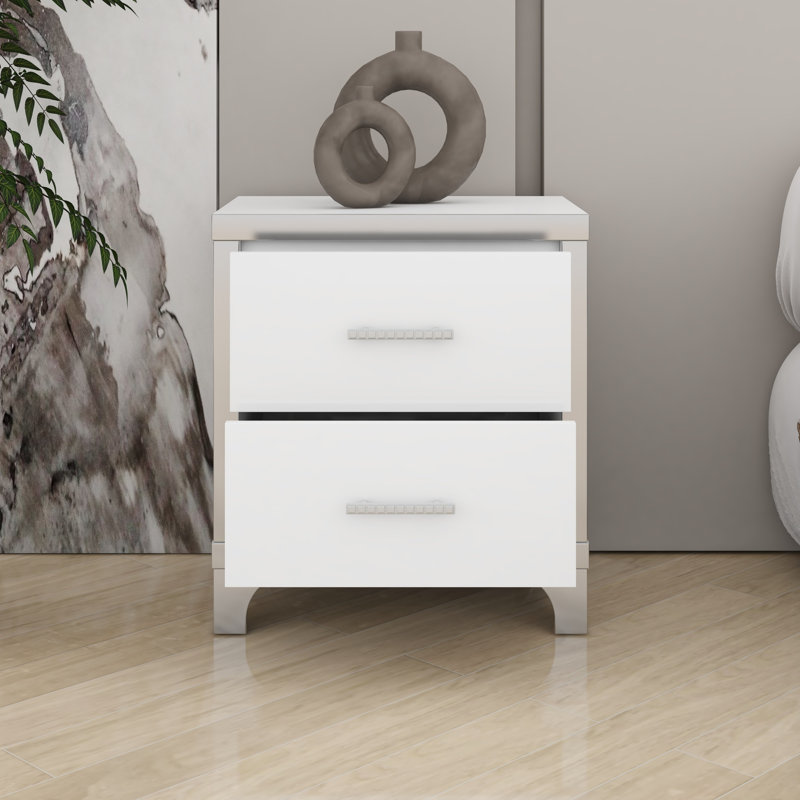 Table de chevet élégante à miroir avec 2 tiroirs, finition brillante et poignée en métal pour la chambre à coucher et le salon