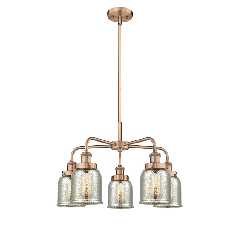 Lustre en verre à 5 lumières Bell, Argent mercuré plaqué, Cuivre antique