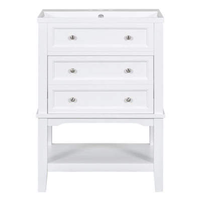 Meuble-lavabo 24 po avec lavabo, meuble de rangement pour salle de bain avec tiroir et tablette ouverte, structure en bois massif, blanc
