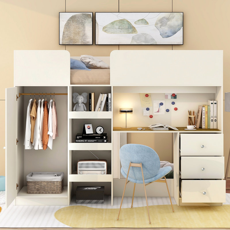 Lit mezzanine en bois avec garde-robe intégré, bureau, tablettes de rangement et tiroirs, Beige