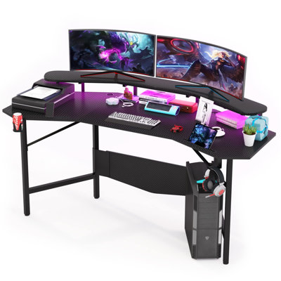 Vaucher LED Gaming Desk, 180 x 60 cm, Ergonomic Computer Desk, with Cup Holder and Headphone Hook