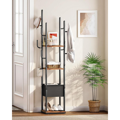 Coat Rack Freestanding Coat Rack with 3 Shelves 8 Hooks and 1 Fabric Pouch Square Coat Hanger Stand Metal Clothes Tree Rustic Brown and Black