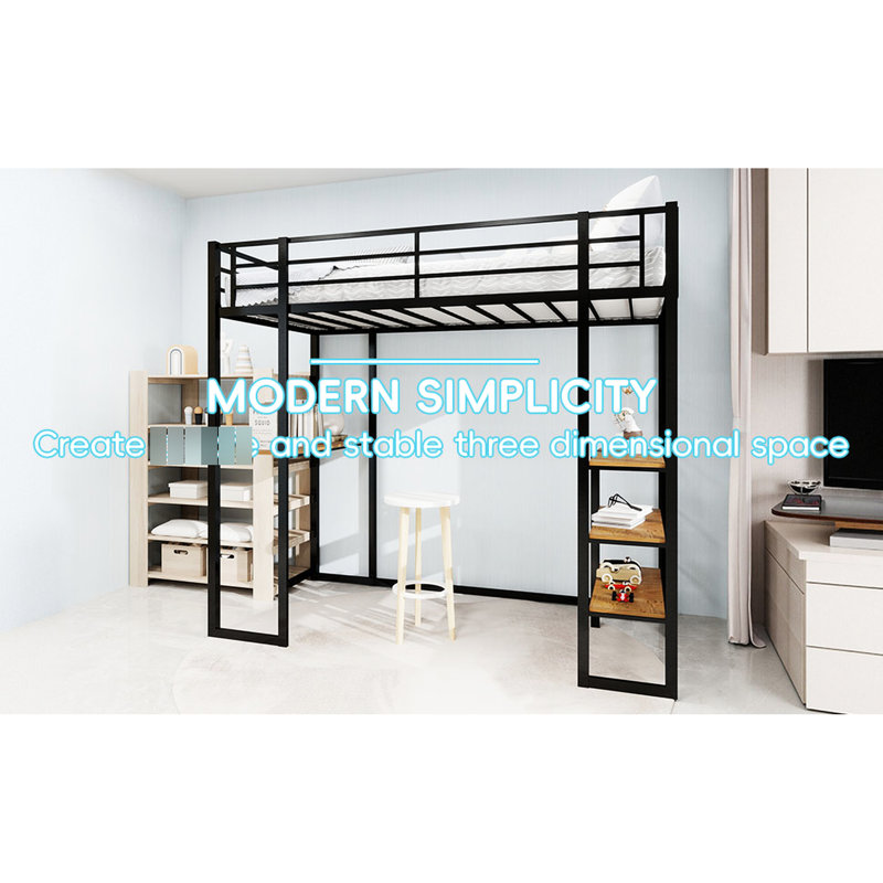 Lit à structure en fer avec rampe et escalier pour la chambre à coucher, noir, espace - Utilisation rapide