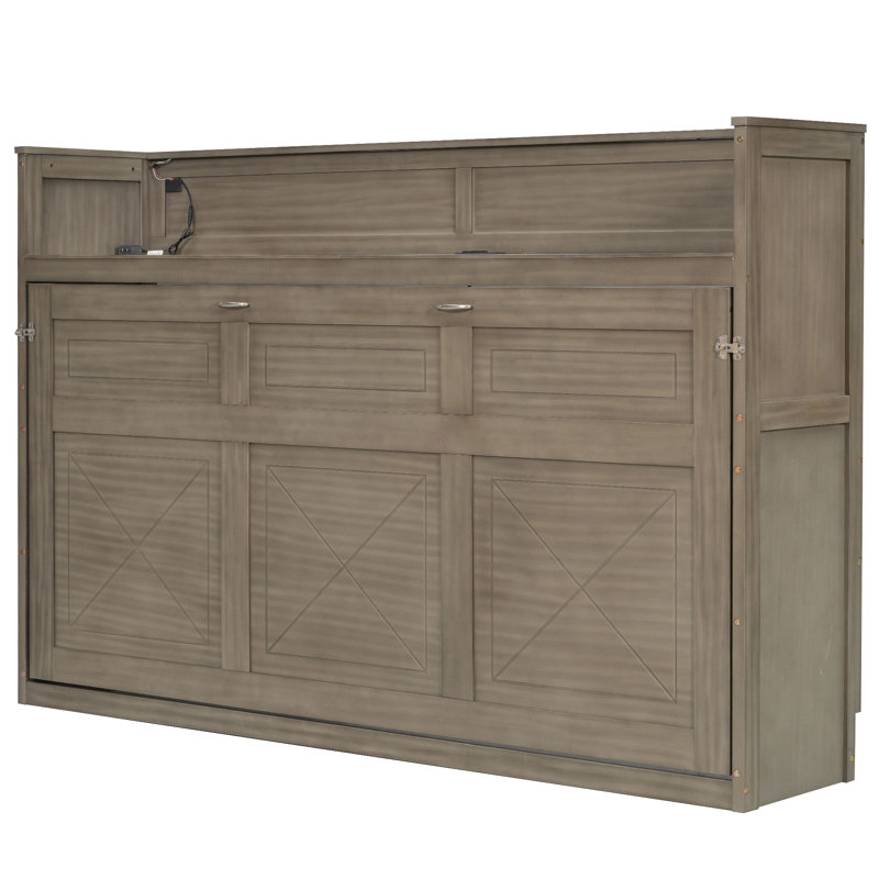 Perica Twin XL Farmhouse Murphy Bed With Desk And USB Charging, Gray Wash