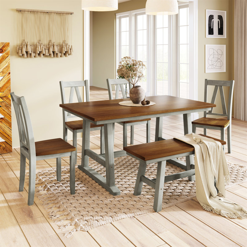 Ensemble de table de salle à manger en bois 6 pièces avec long banc et 4 chaises de style campagnard, Brun / Gris
