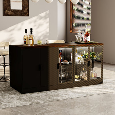 Stylish Home Bar Cabinet With LED Lighting - 3 Storage Cabinets (Wood & Glass) & 3 Drawers by Latitude Run