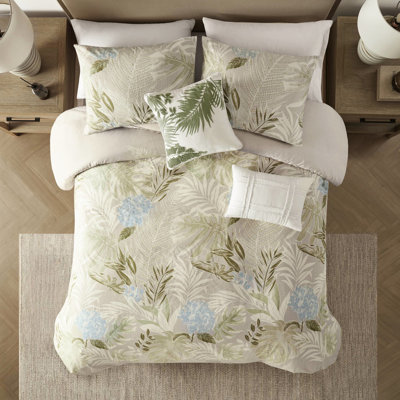 Housse de couette en coton très grand / très grand - imprimé tropical en bleu et coussins brodés, lavable à la machine 5 pièces pour les espaces côtiers, décorations tricotées
