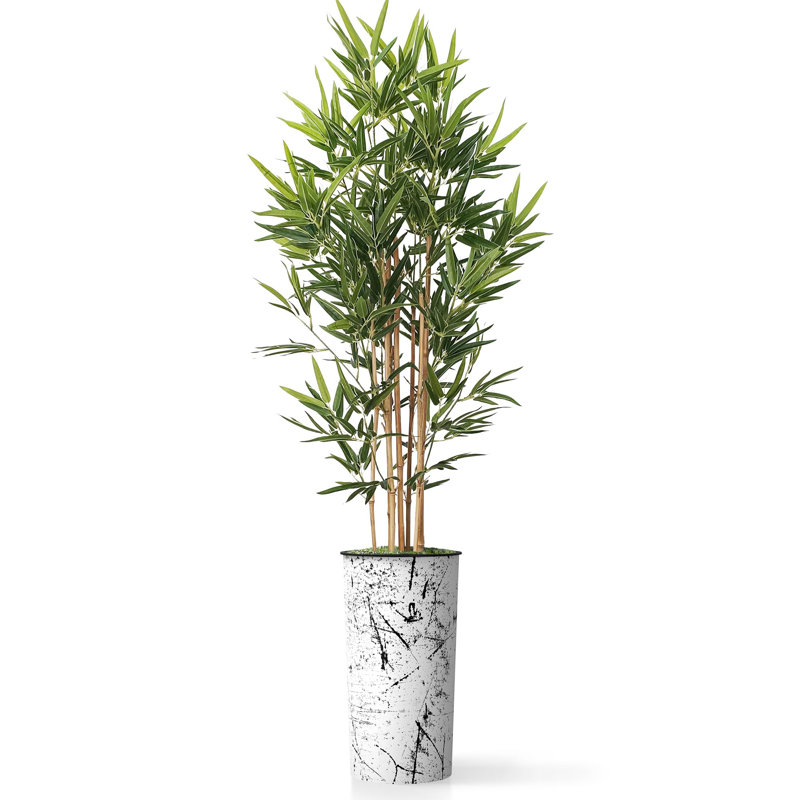 Artificial Tree in Black White Wood Tree Rings Pattern Planter Fake Bamboo Silk Tree, Paint Black