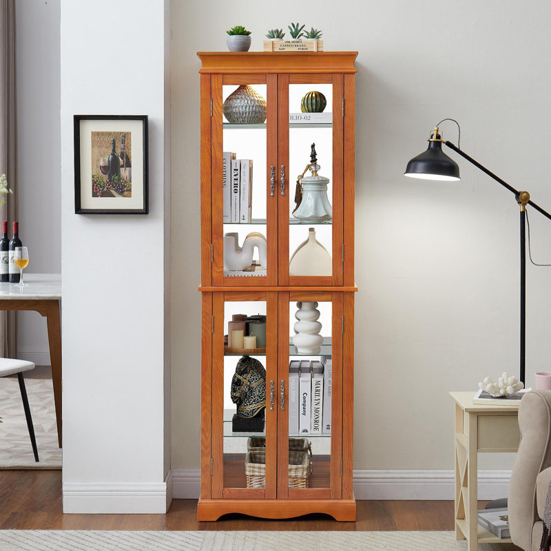 Lighted Glass Curio Display Cabinet,Display Cabinet,Glass Storage Cabinet Glass Wine Cabinet Wood Frame Toy Display For Living Room, Kitchen, Pantry Light Bulb Included OAK