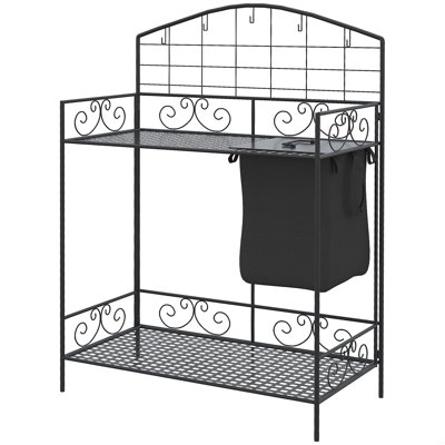 Folding Potting Bench Table, Metal Garden Workstation, Work Bench With Large Build-In Bag With Cover, 5 Hanging Hooks & Storage Shelf