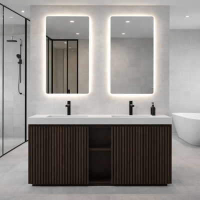 Meuble-lavabo double autoportant Adria 60 po avec lavabo intégré en quartz noir, armoire moderne en bois cannelé, portes à fermeture amortie, rangement ajustable, meuble-lavabo de luxe pour salle de bain principale, couleur noyer brun