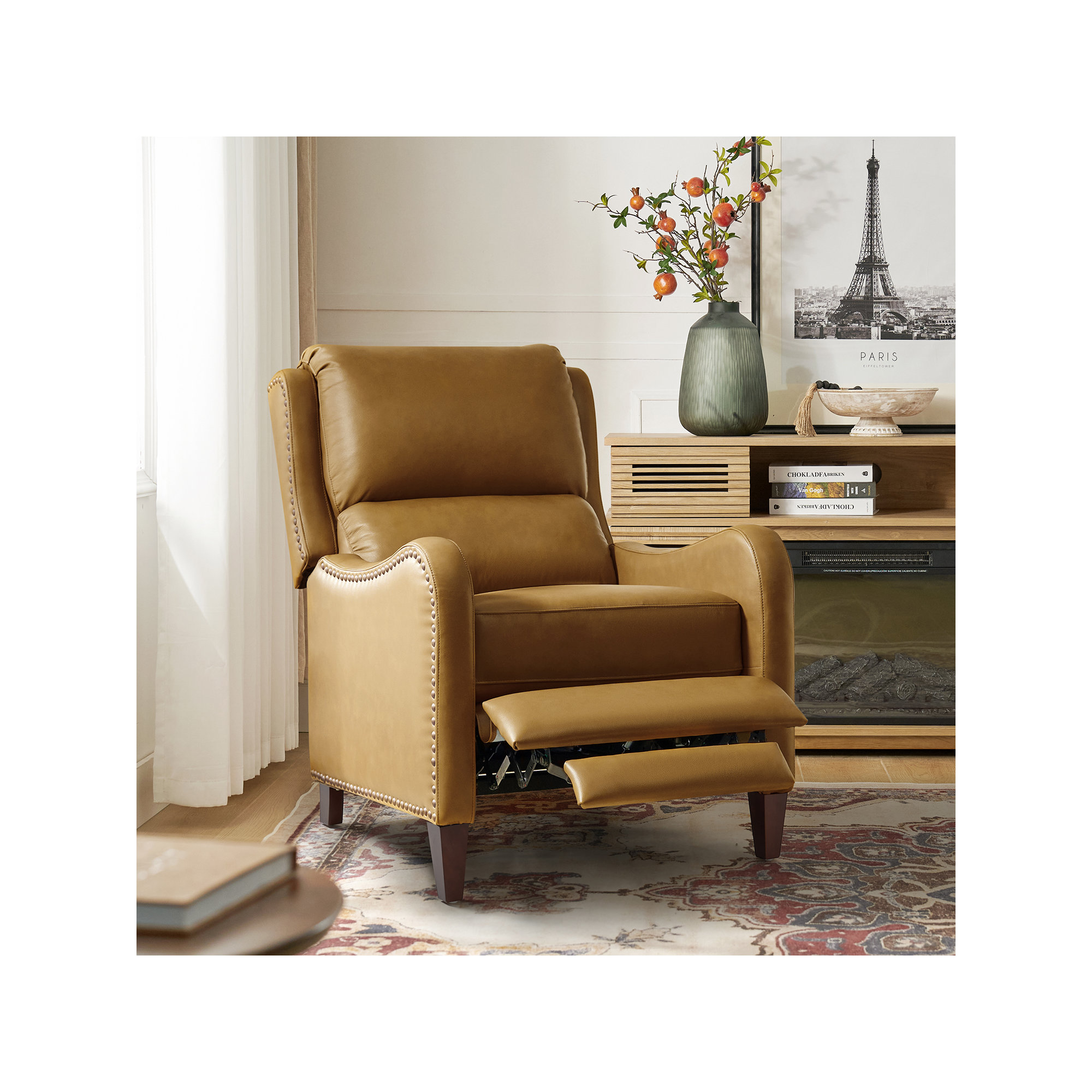 Beecher 28.75" Wide Genuine Leather Manual Club Recliner, Camel Top Grain Leather