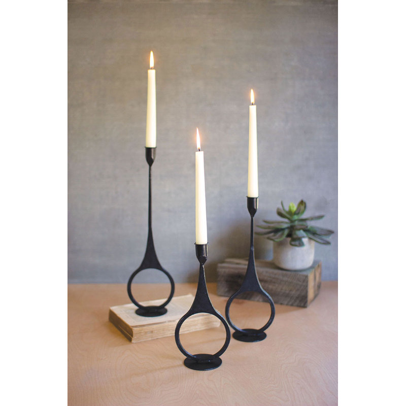  Ensemble de trois porte-bougies effilés avec anneau, décor de table de ferme rustique en fonte, finition noire