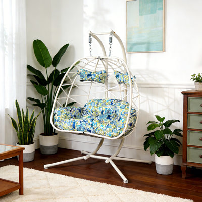 2 Person Double Hanging Egg Chair, Oversized Wicker Rattan Loveseat Swing Chair, Heavy Duty 600lbs Capacity, Foldable Basket Hammock Chair with Thick Cushion for Indoor Outdoor Patio Bedroom(White+Floral)
