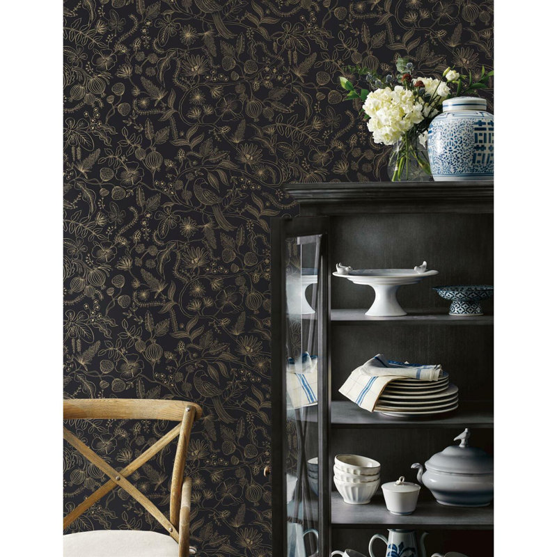 Aviary 20' L x 27" W Peel and Stick Wallpaper Roll, Black/Gold