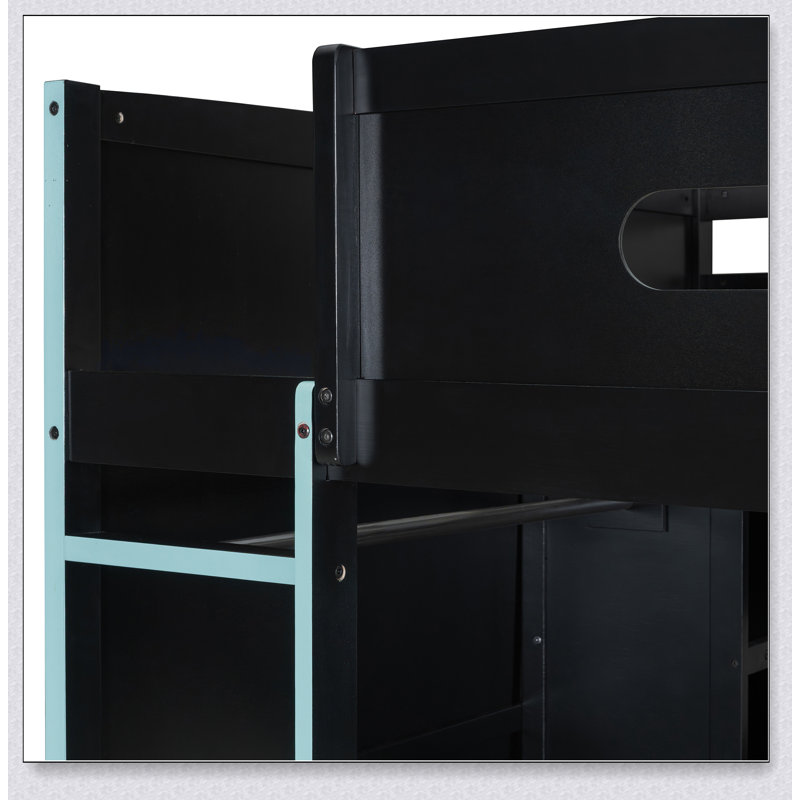 Wood Loft Bed With Desk,Wardrobe,Ample Storage Space,And RGB Light, Blue/Black