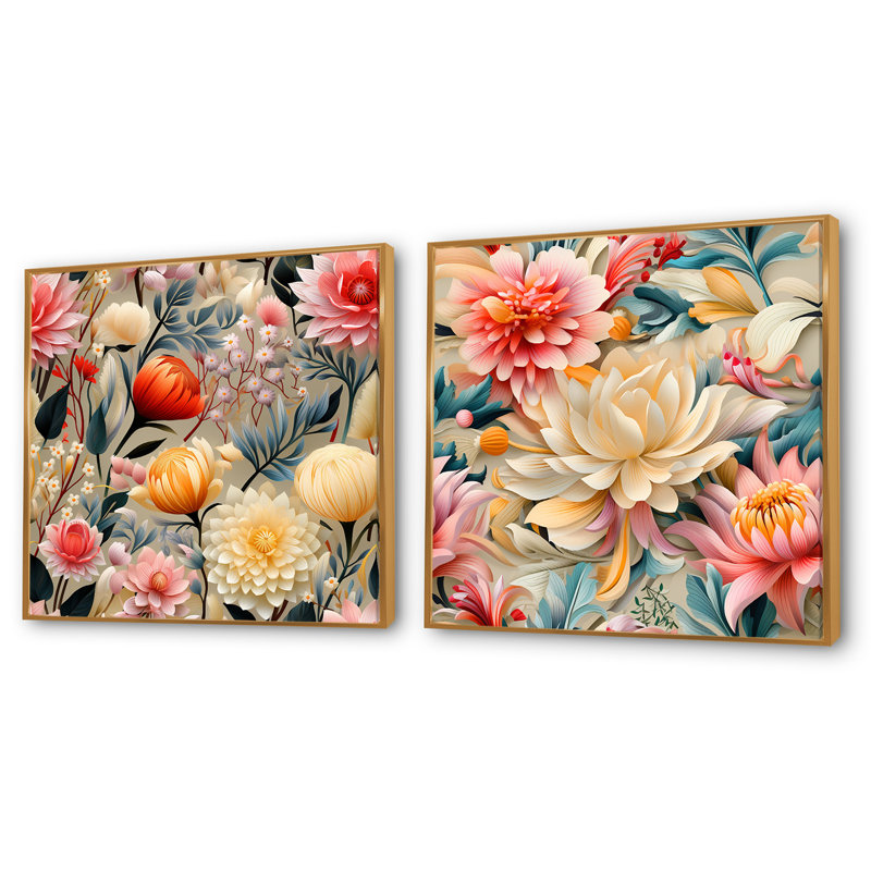 Thornaby - Ensemble de 2 collages carrés floraux, Cadre flottant doré, H 36 po x l 73 po