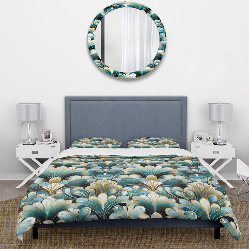 Ensemble de housse de couette art déco années 70 en émeraude et blanc, Housse de couette pour très grand lit et 2 très