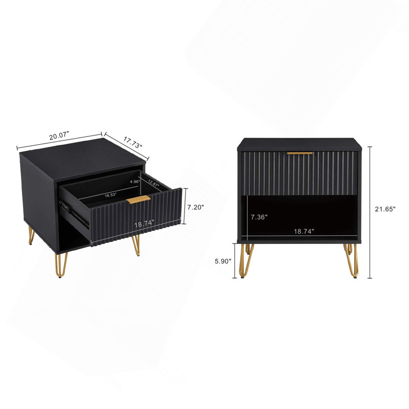 Dumbo 20" Fluted Nightstand In Black (1-Drawer), Black/Gold