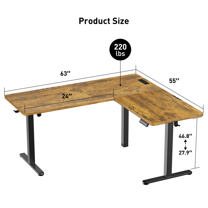 Bureau d'angle électrique en forme de L de 63 po x 55 po avec prise de courant intégrée, bureau d'ordinateur ergonomique à hauteur réglable pour le bureau à domicile et les jeux