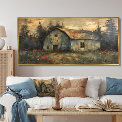 Grey Red Winter Country Cottage Barn - Barn Wall Art Living Room