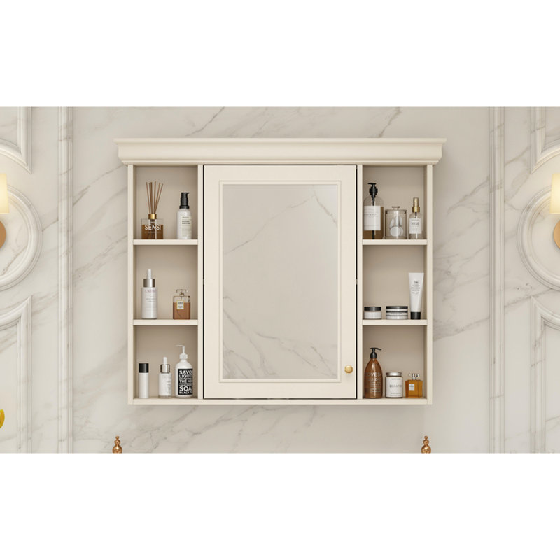 Armoire de rangement de salle de bain avec miroir - charnières à fermeture douce 35 po x 28 po style moderne de couleur crème beige