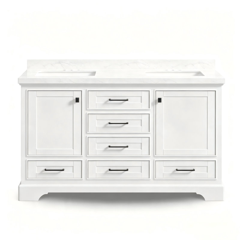 Ensemble de meuble-lavabo double 48 po avec comptoir en quartz blanc Carrara, lavabos sous le comptoir, portes et tiroirs à fermeture en douceur