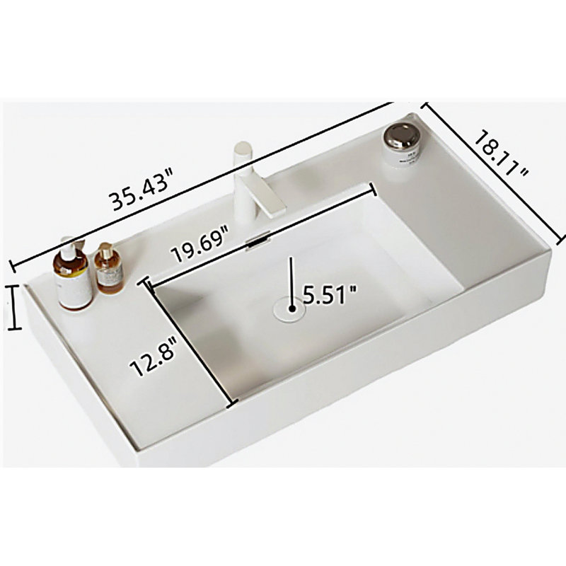 36" Bathroom Vanity with Vessel Sink, Wall-Mounted Floating White Rectangular Acrylic Integrated Basin without Faucet, Striped Shelves Layer, Dark Walnut Woodgrain Color