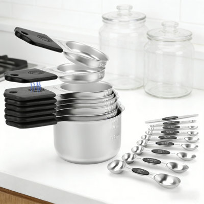 Magnetic Measuring Set, 16-Piece Heavy-Duty 304 Stainless Steel, Double Markings For Dry & Liquid, Includes Leveler