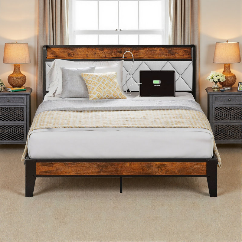 Platform Bed Frame with Upholstered Adjustable Headboard, No Box Spring Needed, Queen