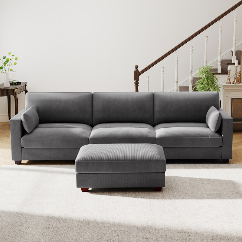 Canapé modulaire rembourré en velours côtelé de 110,7 po de largeur avec repose-pieds amovible, Grey Corduroy