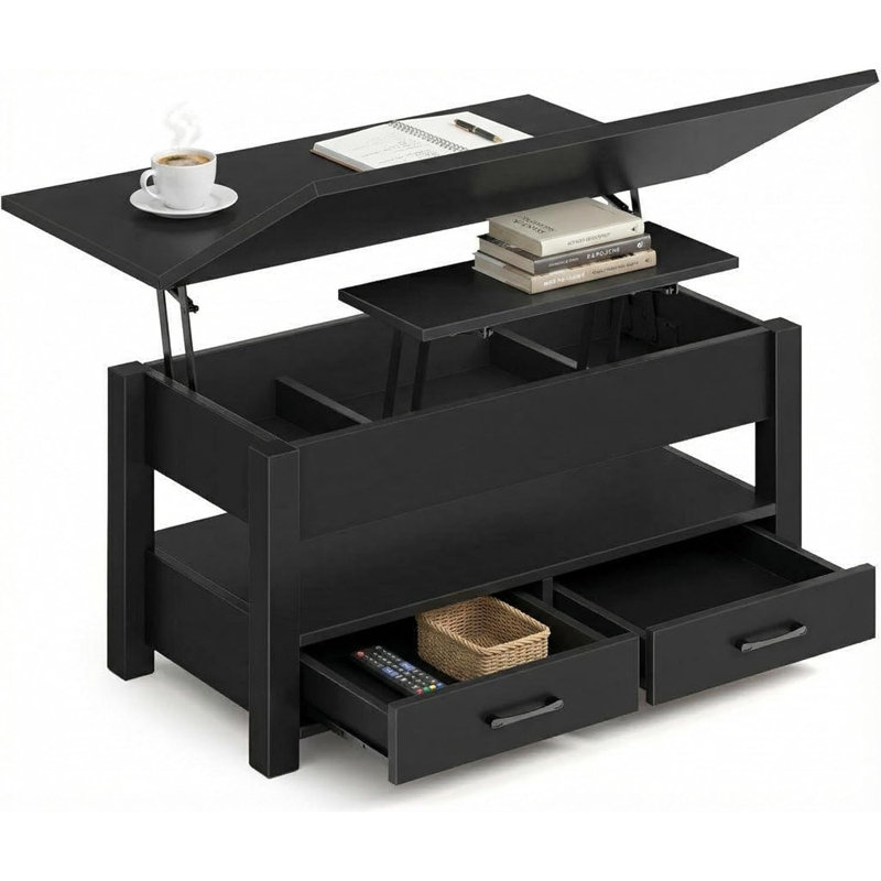 Table basse réglable à plateau relevable, 2 tiroirs et compartiment caché pour le salon / bureau à domicile, Noir