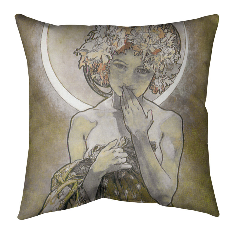 Coussin Alphonse Mucha, 14 po x 14 po, Bourre en polyester, Jaune