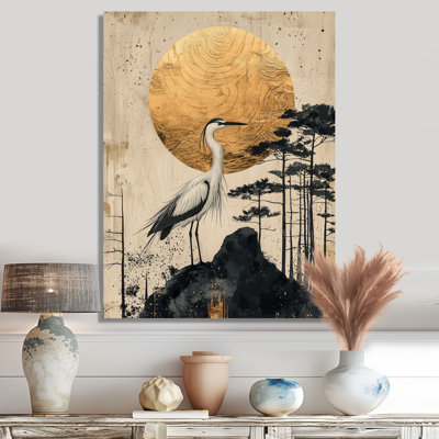 «Sunrise Heron In Golden Chinese Ink Landscape II», reproduction d'art moderne en métal, décoration murale en métal Heron