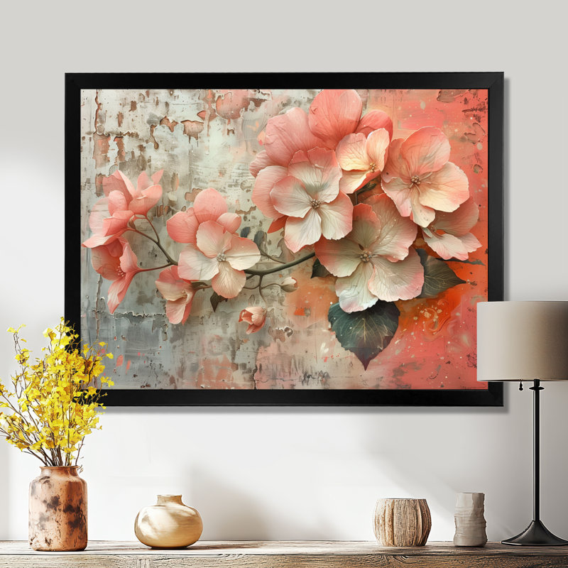 Rose et gris, hortensia, campagne charmante II, impression d'art mural hortensia, Black Picture Framed, H 12 po x l 20 po