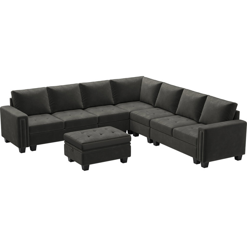 Shavera 7 - Piece Large L Shaped Velvet Modular Sofa Living room Corner Sofa Sectional Couch with Storage Ottoman